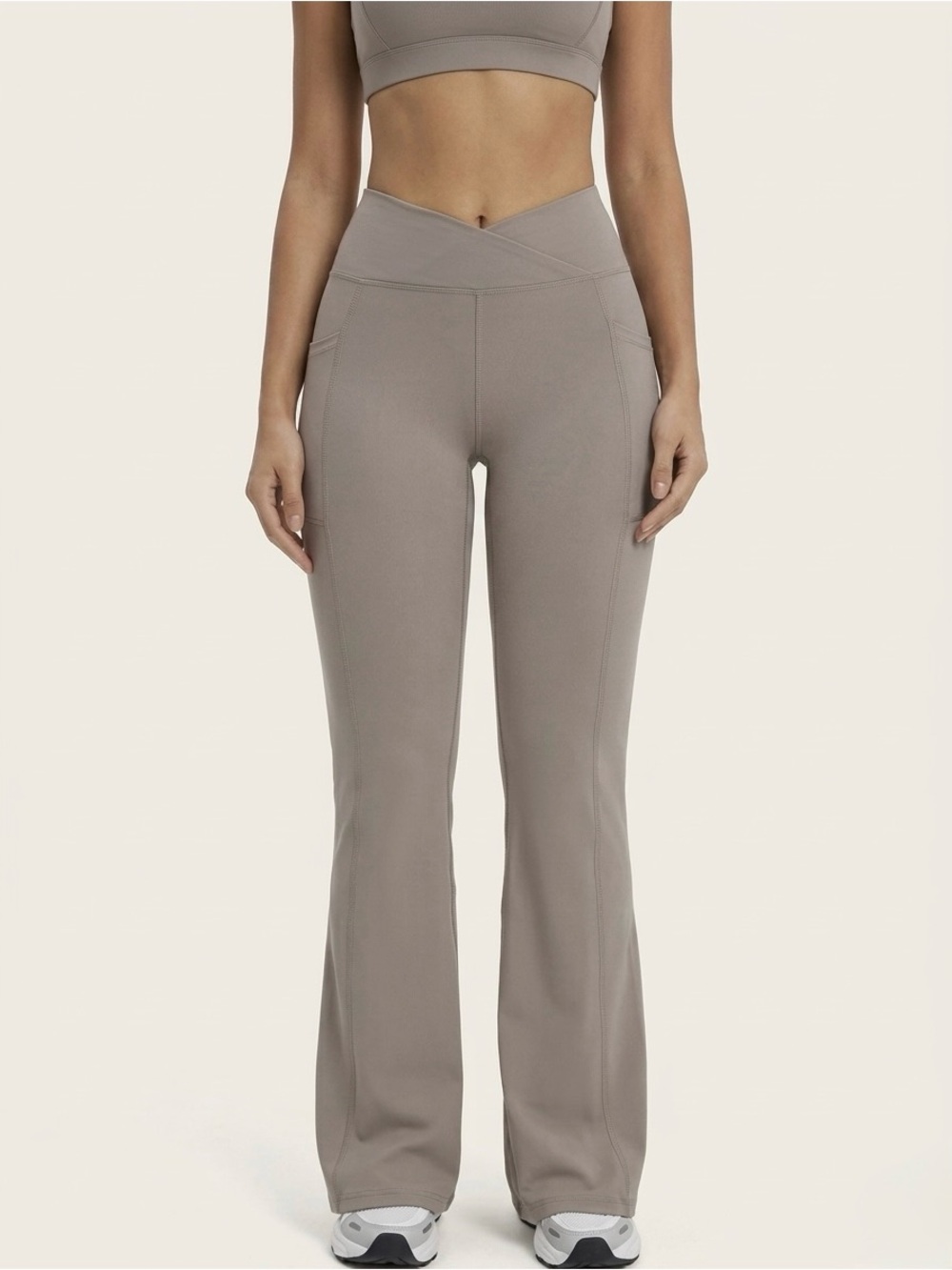 Calvin Klein Crossover Waisted Taupe Flare Activewear Performance Leggings Pants